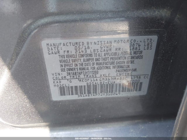 Aukcja sprzedaży 2018 Nissan Sentra S, vin: 3N1AB7AP7JY310269, numer aukcji: 45280887