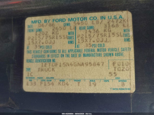 Продаж на аукціоні авто 1986 Ford F150, vin: 1FTDF15N4GNA95847, номер лоту: 45280894