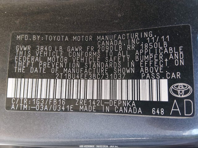 Aukcja sprzedaży 2011 Toyota Corolla Le, vin: 2T1BU4EE3BC731037, numer aukcji: 45280905