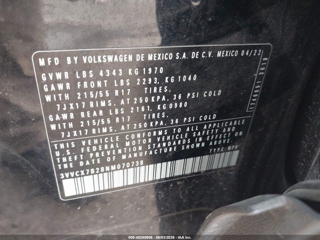 Продаж на аукціоні авто 2022 Volkswagen Taos 1.5t S, vin: 3VVCX7B28NM070738, номер лоту: 45280906
