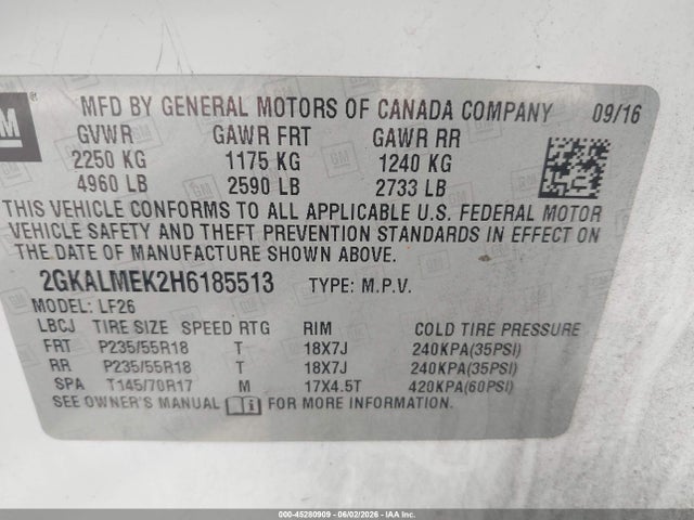 Продаж на аукціоні авто 2017 Gmc Terrain Sle-1, vin: 2GKALMEK2H6185513, номер лоту: 45280909