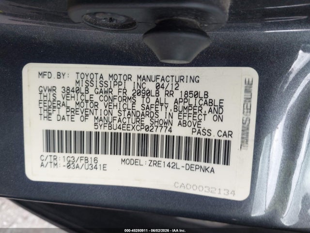 Aukcja sprzedaży 2012 Toyota Corolla Le, vin: 5YFBU4EEXCP027774, numer aukcji: 45280911
