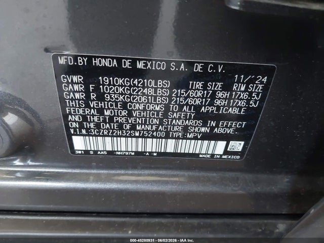 3CZRZ2H32SM752400 Honda Hr-v Awd Lx