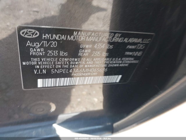 2021 Hyundai Sonata Sel მანქანა იყიდება აუქციონზე, vin: 5NPEL4JA6MH065696, აუქციონის ნომერი: 45280940
