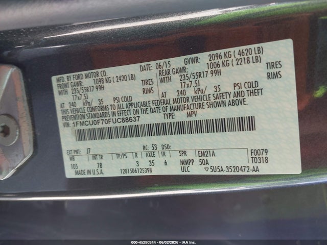 Aukcja sprzedaży 2015 Ford Escape S, vin: 1FMCU0F70FUC88637, numer aukcji: 45280944