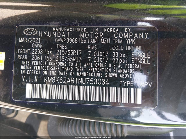 Aukcja sprzedaży 2022 Hyundai Kona Sel, vin: KM8K62AB1NU753034, numer aukcji: 45280962