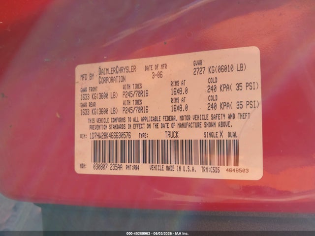 Aukcja sprzedaży 2006 Dodge Dakota St, vin: 1D7HW28K46S630576, numer aukcji: 45280963