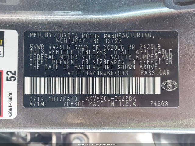 Aukcja sprzedaży 2022 Toyota Camry Se, vin: 4T1T11AK3NU667933, numer aukcji: 45280971