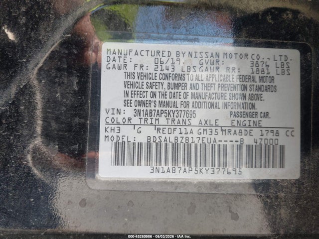2019 Nissan Sentra S მანქანა იყიდება აუქციონზე, vin: 3N1AB7AP5KY377695, აუქციონის ნომერი: 45280986