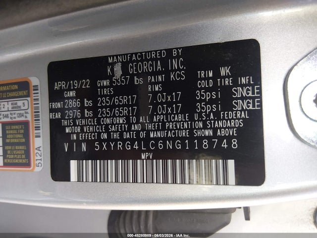 Продажа на аукционе авто 2022 Kia Sorento Lx, vin: 5XYRG4LC6NG118748, номер лота: 45280989