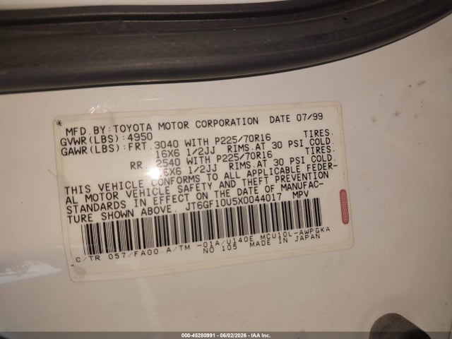 Aukcja sprzedaży 1999 Lexus Rx 300, vin: JT6GF10U5X0044017, numer aukcji: 45280991