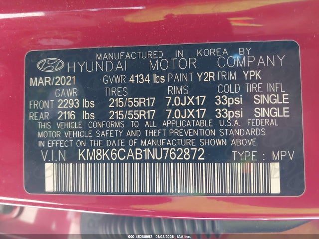 2022 Hyundai Kona Sel მანქანა იყიდება აუქციონზე, vin: KM8K6CAB1NU762872, აუქციონის ნომერი: 45280992
