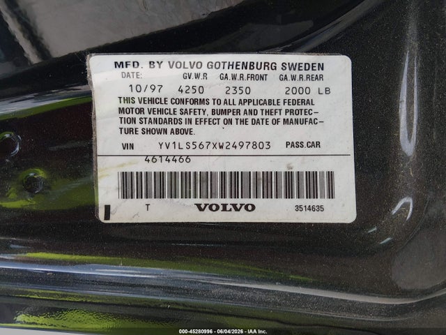 45280996 :رقم المزاد ، YV1LS567XW2497803 vin ، 1998 Volvo S70 Glt مزاد بيع