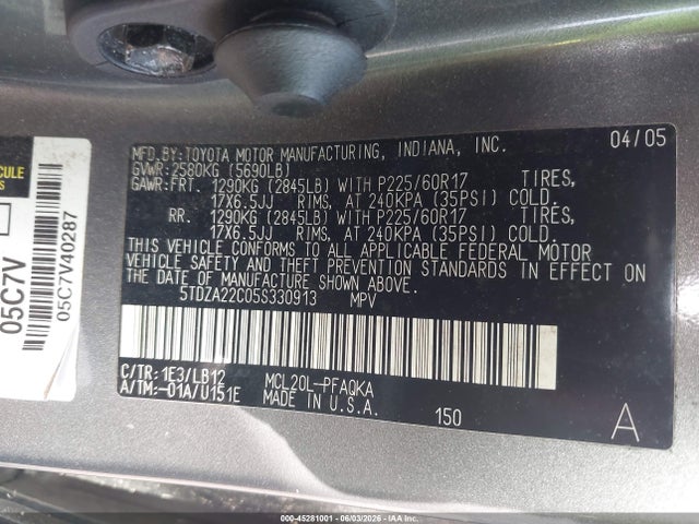 Продажа на аукционе авто 2005 Toyota Sienna Xle Limited, vin: 5TDZA22C05S330913, номер лота: 45281001