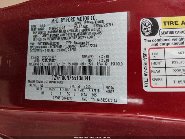 Aukcja sprzedaży 2006 Ford Mustang V6, vin: 1ZVFT80N765136341, numer aukcji: 45281007