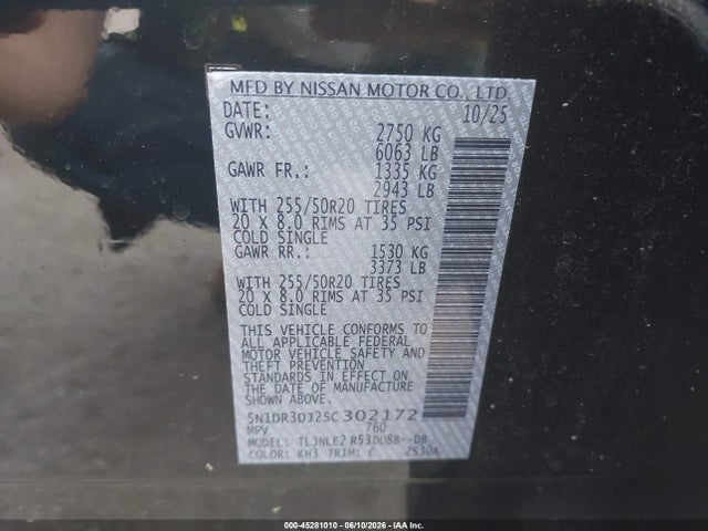 2025 Nissan Pathfinder Platinum 4wd მანქანა იყიდება აუქციონზე, vin: 5N1DR3DJ2SC302172, აუქციონის ნომერი: 45281010