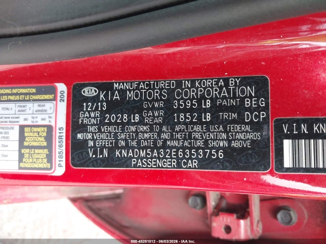 Aukcja sprzedaży 2014 Kia Rio Lx, vin: KNADM5A32E6353756, numer aukcji: 45281012