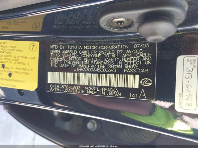 Aukcja sprzedaży 2004 Lexus Es 330, vin: JTHBA30G645000693, numer aukcji: 45281013