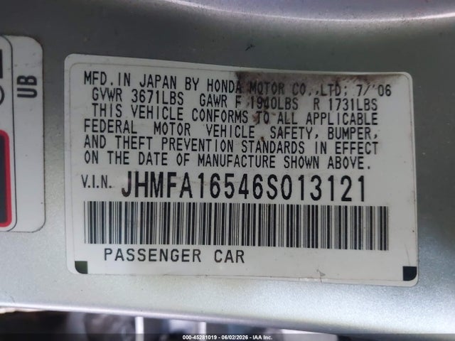 Продаж на аукціоні авто 2006 Honda Civic Lx, vin: JHMFA16546S013121, номер лоту: 45281019