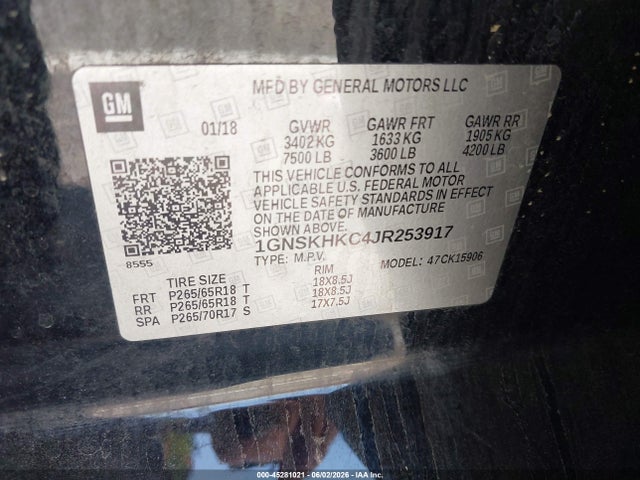 1GNSKHKC4JR253917 Chevrolet Suburban Lt