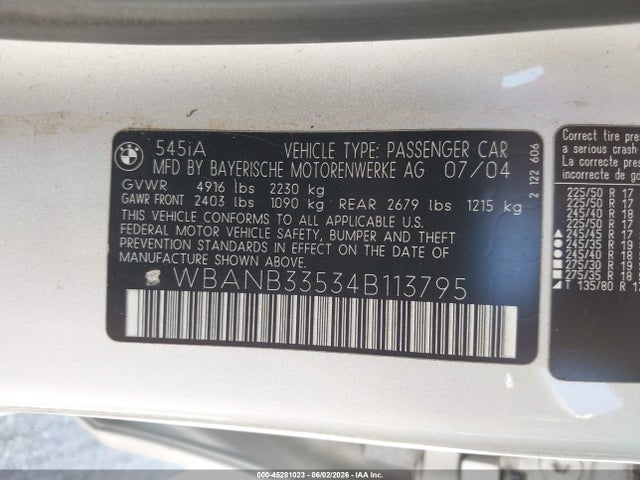Aukcja sprzedaży 2004 Bmw 545i, vin: WBANB33534B113795, numer aukcji: 45281023