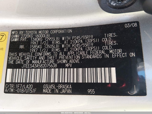 Продаж на аукціоні авто 2008 Toyota Highlander Sport, vin: JTEES43A582075638, номер лоту: 45281034