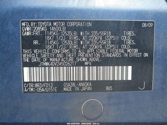 45281050 :رقم المزاد ، JTMWK4DV2A5026217 vin ، 2010 Toyota Rav4 Sport V6 مزاد بيع