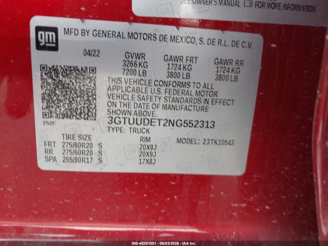 2022 Gmc Sierra 1500 4wd  Short Box Slt მანქანა იყიდება აუქციონზე, vin: 3GTUUDET2NG552313, აუქციონის ნომერი: 45281051