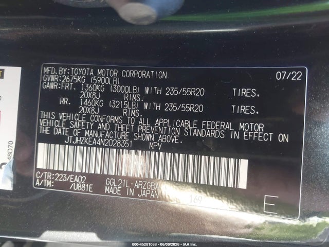 Aukcja sprzedaży 2022 Lexus Rx 350l, vin: JTJHZKEA4N2028351, numer aukcji: 45281068