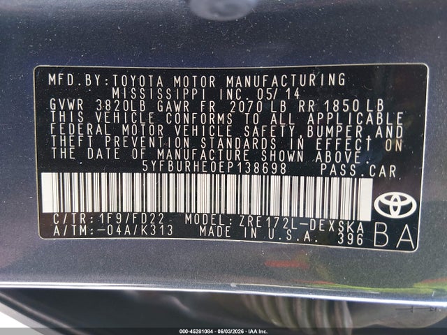 Toyota Corolla S 2014 5YFBURHE0EP138698 Image 9