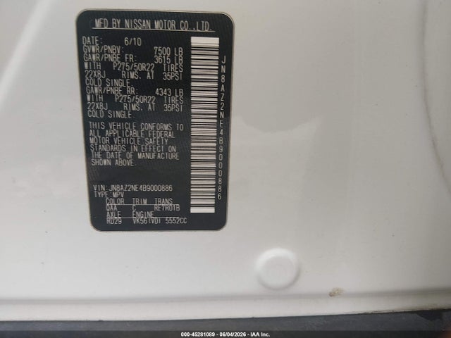 Aukcja sprzedaży 2011 Infiniti Qx56, vin: JN8AZ2NE4B9000886, numer aukcji: 45281089