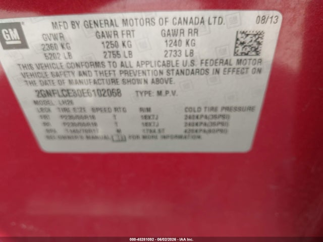 Aukcja sprzedaży 2014 Chevrolet Equinox 2lt, vin: 2GNFLCE30E6102068, numer aukcji: 45281092