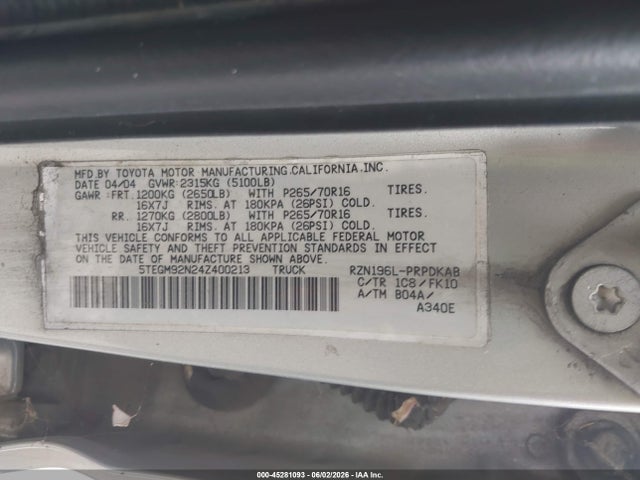 Aukcja sprzedaży 2004 Toyota Tacoma Prerunner, vin: 5TEGM92N24Z400213, numer aukcji: 45281093