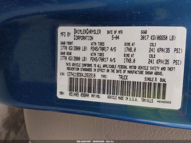 Aukcja sprzedaży 2004 Dodge Ram 1500 Slt/laramie, vin: 1D7HU18D64J262910, numer aukcji: 45281097