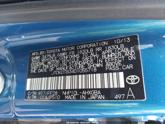 2013 Toyota Prius C Three მანქანა იყიდება აუქციონზე, vin: JTDKDTB34D1055718, აუქციონის ნომერი: 45281108
