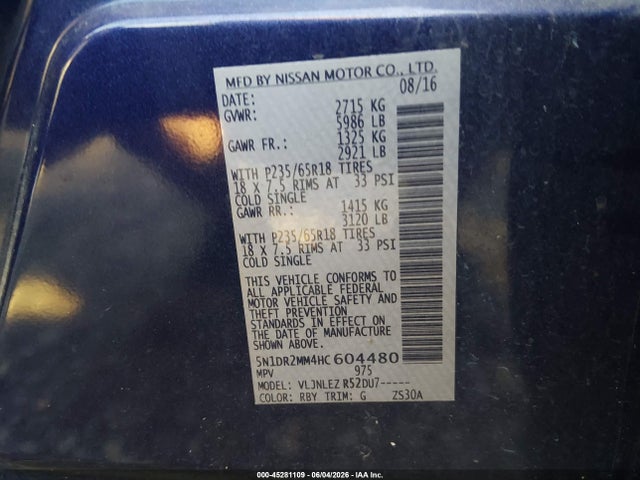 45281109 :رقم المزاد ، 5N1DR2MM4HC604480 vin ، 2017 Nissan Pathfinder Platinum/s/sl/sv مزاد بيع