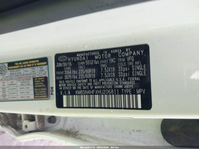 Aukcja sprzedaży 2017 Hyundai Santa Fe Se, vin: KM8SN4HFXHU206811, numer aukcji: 45281114