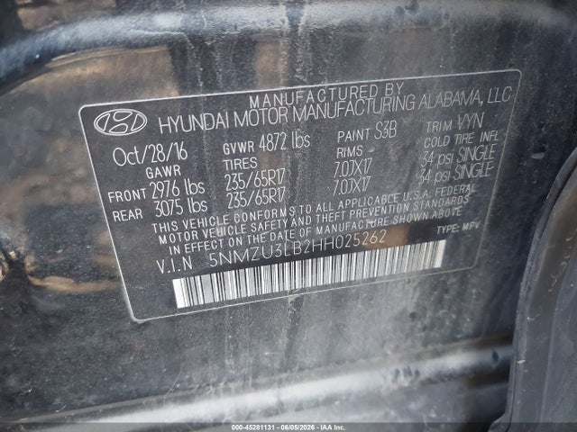 Aukcja sprzedaży 2017 Hyundai Santa Fe Sport 2.4l, vin: 5NMZU3LB2HH025262, numer aukcji: 45281131