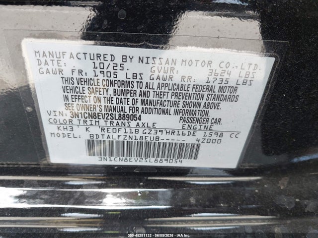 Продаж на аукціоні авто 2025 Nissan Versa 1.6 Sv, vin: 3N1CN8EV2SL889054, номер лоту: 45281132