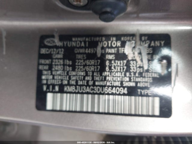 45281135 :رقم المزاد ، KM8JU3AC3DU664094 vin ، 2013 Hyundai Tucson Gls مزاد بيع