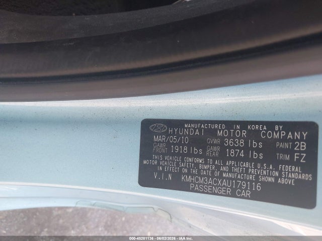 Aukcja sprzedaży 2010 Hyundai Accent Gs, vin: KMHCM3ACXAU179116, numer aukcji: 45281136