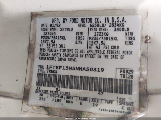 Aukcja sprzedaży 1992 Ford F150, vin: 1FTEF15N5NNA50319, numer aukcji: 45281149