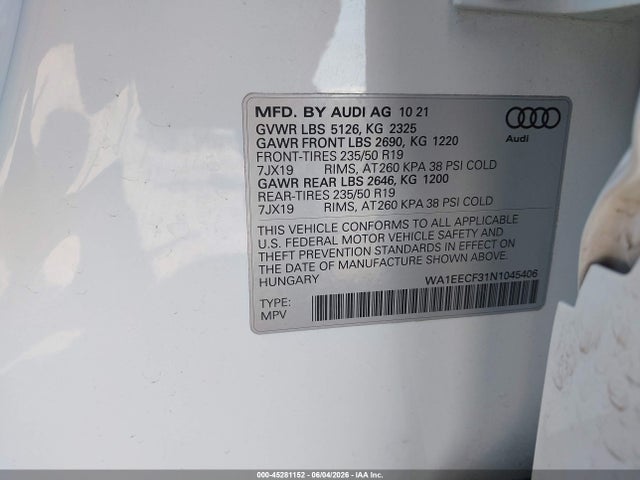 2022 Audi Q3 Premium Plus 45 Tfsi S Line Quattro Tiptronic მანქანა იყიდება აუქციონზე, vin: WA1EECF31N1045406, აუქციონის ნომერი: 45281152