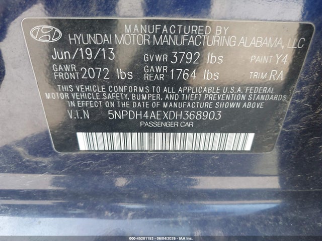 Aukcja sprzedaży 2013 Hyundai Elantra Gls, vin: 5NPDH4AEXDH368903, numer aukcji: 45281153
