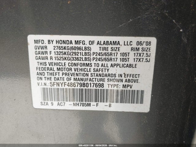 45281156 :رقم المزاد ، 5FNYF48679B017698 vin ، 2009 Honda Pilot Ex-l مزاد بيع
