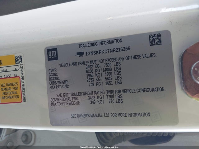 1GNSKPKD7NR216269 Chevrolet Tahoe 4wd Z71