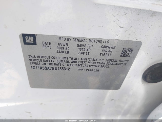 Продажа на аукционе авто 2016 Chevrolet Malibu Limited 1fl, vin: 1G11A5SA7GU156312, номер лота: 45281164