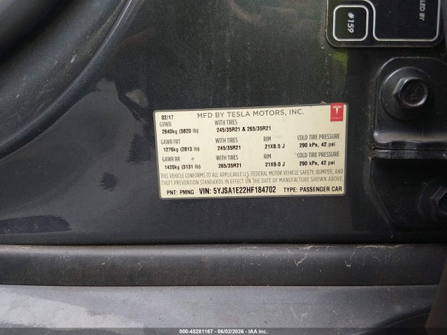 Продажа на аукционе авто 2017 Tesla Model S 100d/60d/75d/90d/p100d, vin: 5YJSA1E22HF184702, номер лота: 45281167
