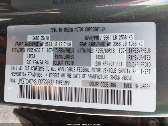 Aukcja sprzedaży 2018 Mazda Cx-9 Touring, vin: JM3TCACY8J0232897, numer aukcji: 45281174