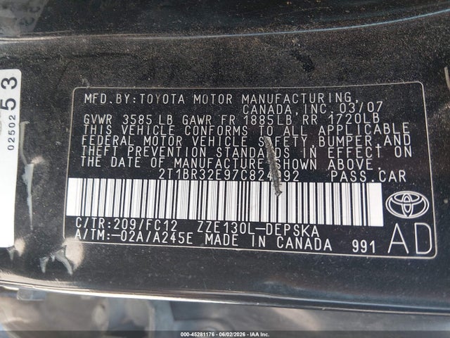 45281176 :رقم المزاد ، 2T1BR32E97C824992 vin ، 2007 Toyota Corolla S مزاد بيع